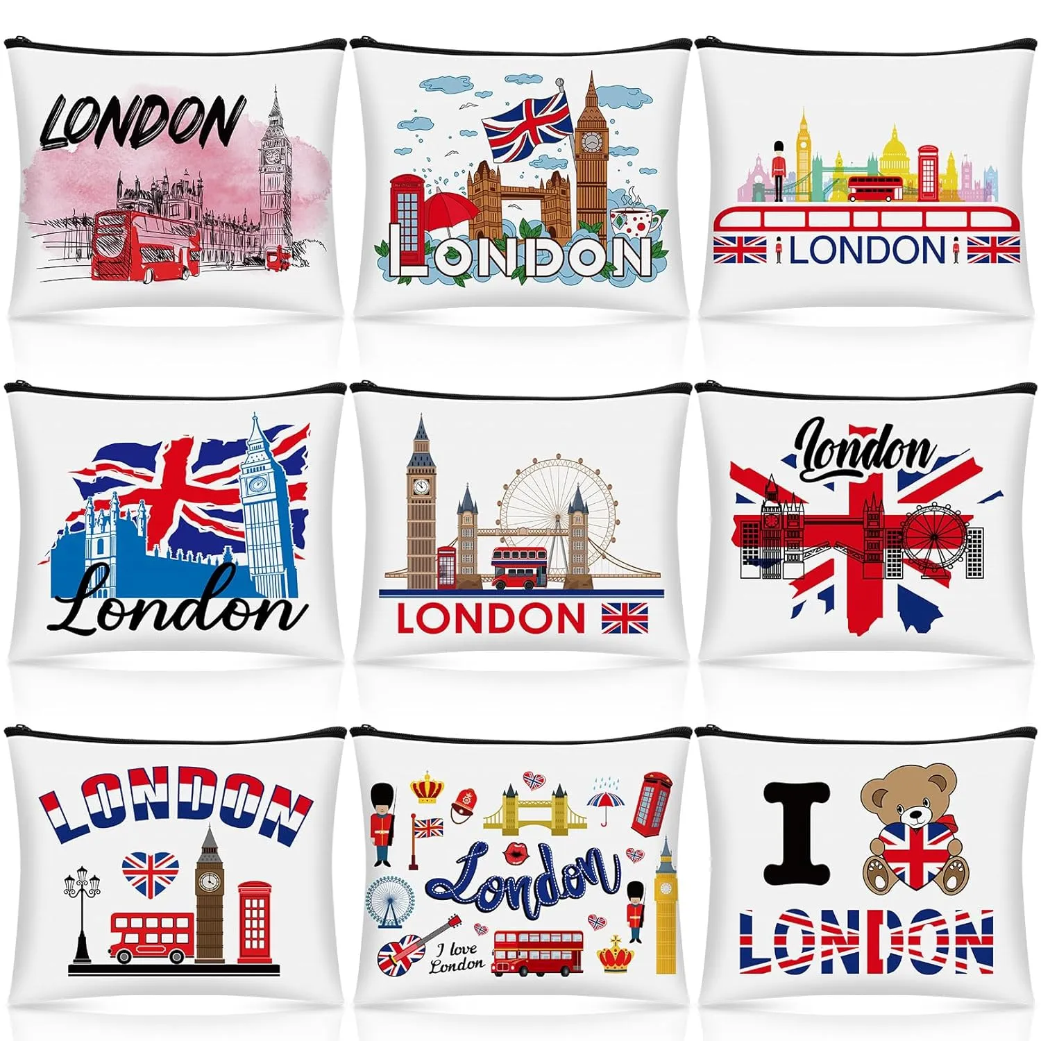 9 Pcs London Cosmetic Bag New York Souvenir Zipper Pouch Los Angeles Souvenir Gifts Italy Paris Broadway Alaska Makeup Purse for Girls Women Traveler Birthday Christmas Party Favors