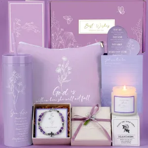 9 Pcs Purple Christian Gift Basket Set for Women Faith Inspirational Religious Gifts Catholic Gifts Christian Tumbler Canvas Makeup Bag Gifts Basket Set for Women Mom Wife Sisters Friend