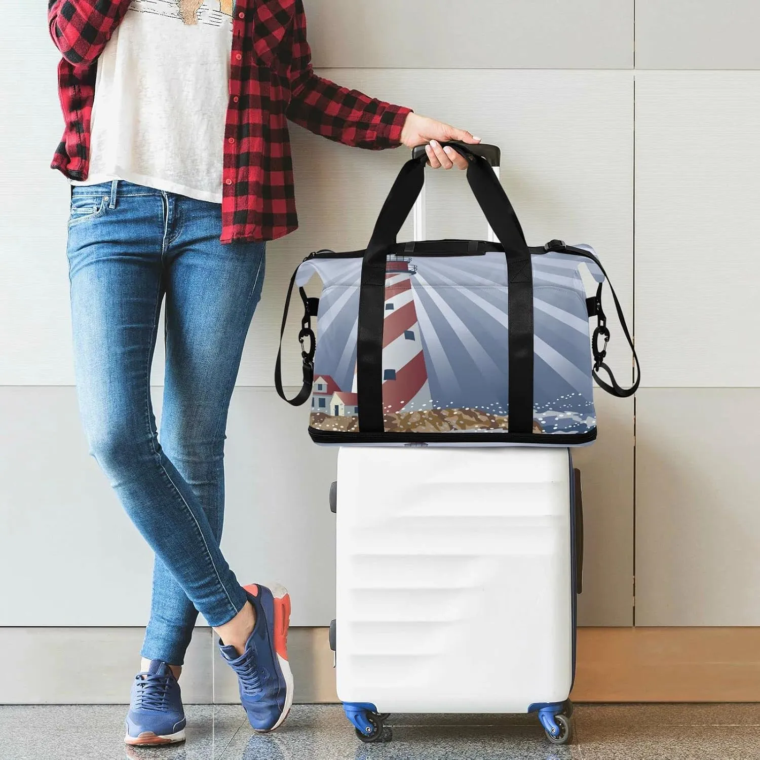 A Candy Cane Lighthouse Illuminating the Night Ocean Foldable Travel Bag, Camping Luggage bag, Portable Gym Bag, Sports Bag, Toiletry Bag with Handles Adjustable Shoulder Strap