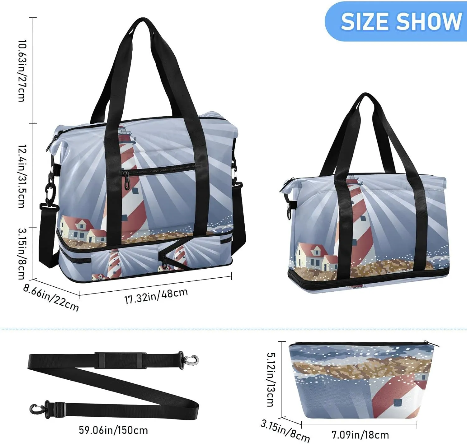 A Candy Cane Lighthouse Illuminating the Night Ocean Foldable Travel Bag, Camping Luggage bag, Portable Gym Bag, Sports Bag, Toiletry Bag with Handles Adjustable Shoulder Strap