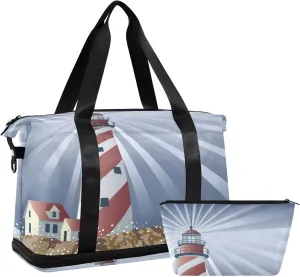 A Candy Cane Lighthouse Illuminating the Night Ocean Foldable Travel Bag, Camping Luggage bag, Portable Gym Bag, Sports Bag, Toiletry Bag with Handles Adjustable Shoulder Strap