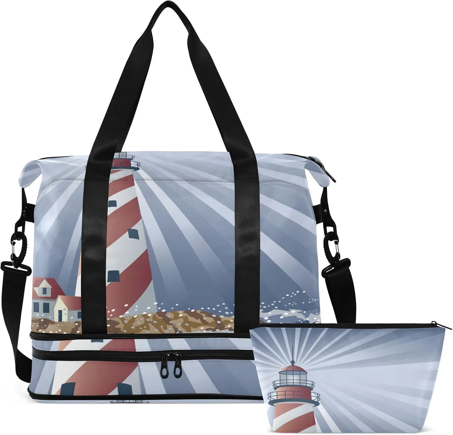 A Candy Cane Lighthouse Illuminating the Night Ocean Foldable Travel Bag, Camping Luggage bag, Portable Gym Bag, Sports Bag, Toiletry Bag with Handles Adjustable Shoulder Strap