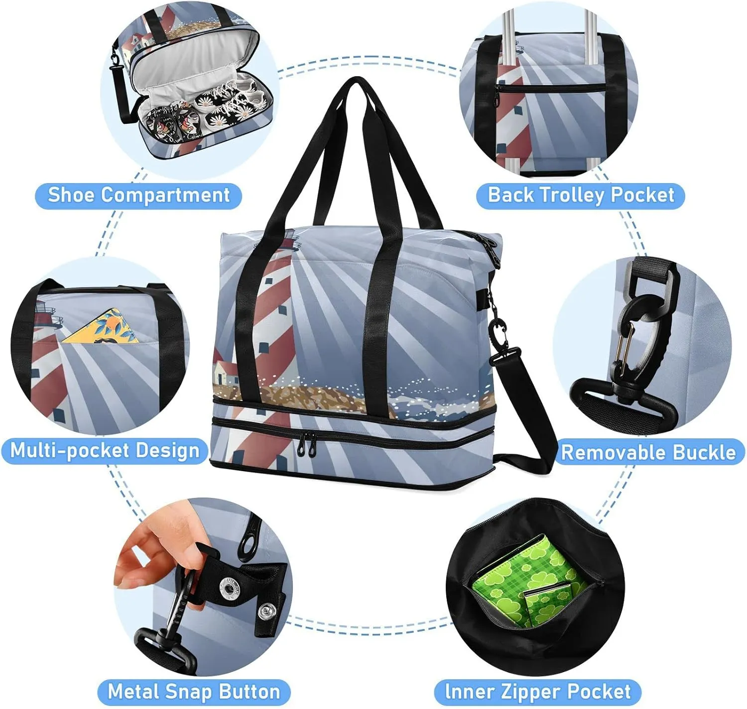 A Candy Cane Lighthouse Illuminating the Night Ocean Foldable Travel Bag, Camping Luggage bag, Portable Gym Bag, Sports Bag, Toiletry Bag with Handles Adjustable Shoulder Strap