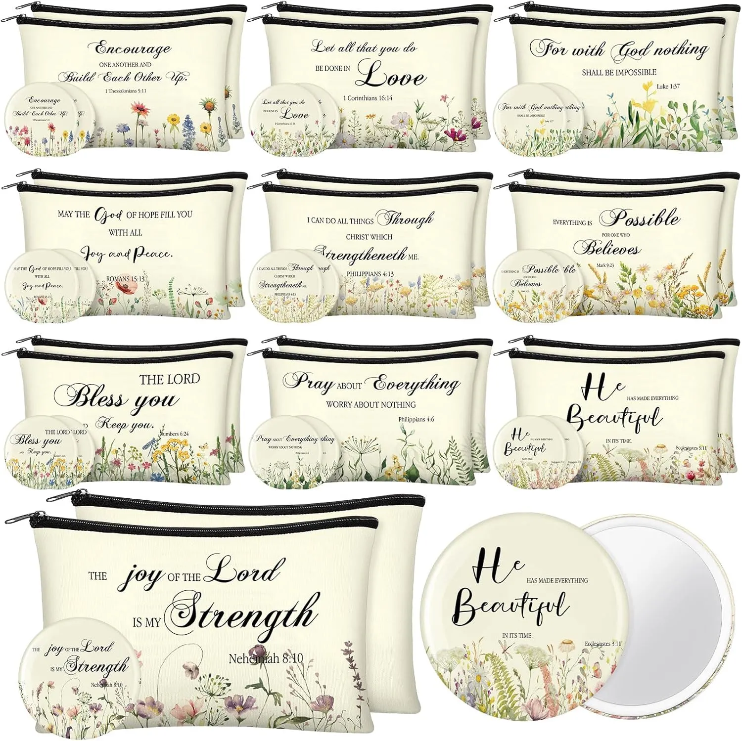 Abbylike 40 Pcs Christian Gift for Women Include 20 Bible Verse Makeup Bags 20 Christian Compact Mirrors Inspirational Religious Scripture Gift for Mom Sister Birthday Graduation (Elegant Style)