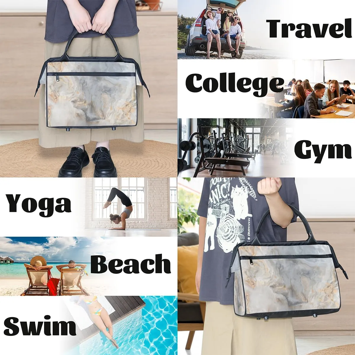 Abstract Gray Gold Marble Weekender Overnight Bag for Women Waterproof Carry On Travel Duffle Bags with Pocket Lightweight Sports Gym Tote Bag Large Luggage Workout Personal Item Hospital Bags