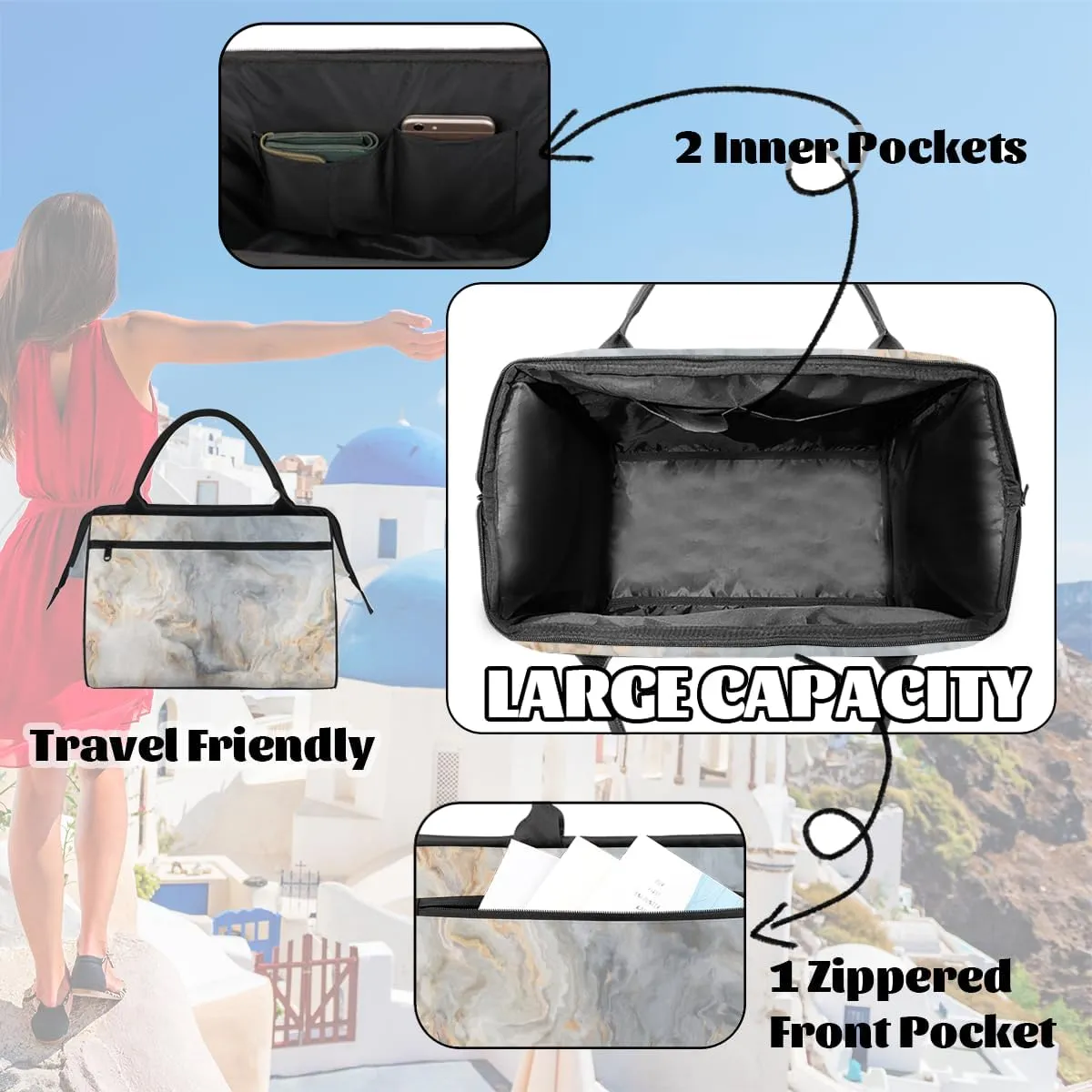 Abstract Gray Gold Marble Weekender Overnight Bag for Women Waterproof Carry On Travel Duffle Bags with Pocket Lightweight Sports Gym Tote Bag Large Luggage Workout Personal Item Hospital Bags