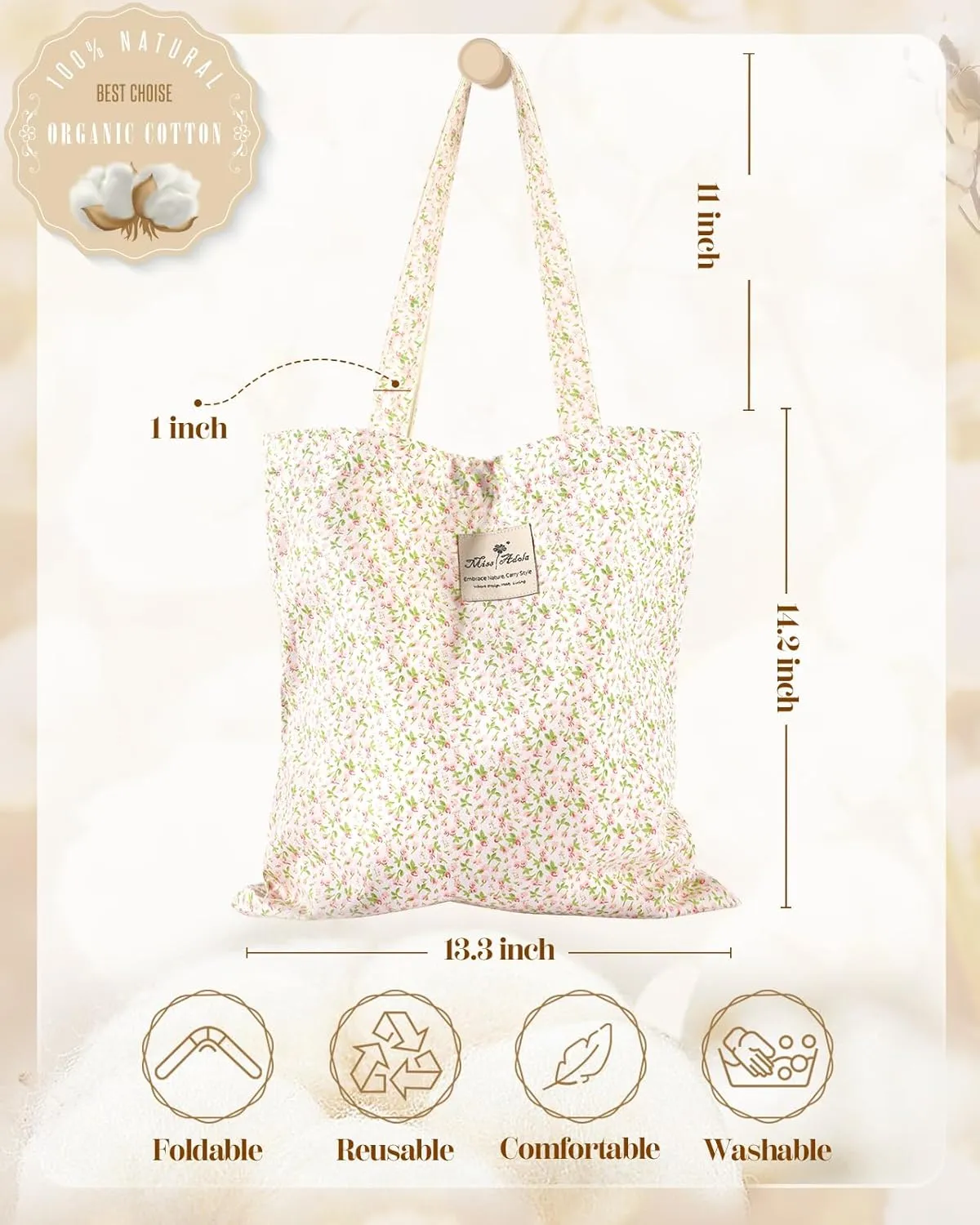 Aesthetic Cotton Tote Bag for Women - Reusable Shoulder Bag with Buckle Fabric Bag for Gym, Travel, Work