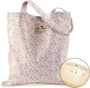Aesthetic Cotton Tote Bag for Women - Reusable Shoulder Bag with Buckle Fabric Bag for Gym, Travel, Work