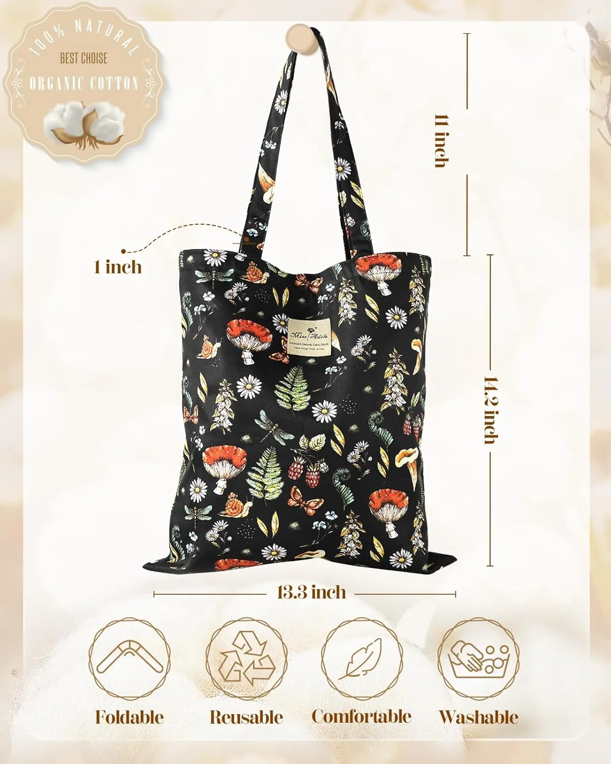 Aesthetic Cotton Tote Bag for Women - Reusable Shoulder Bag with Buckle Fabric Bag for Gym, Travel, Work