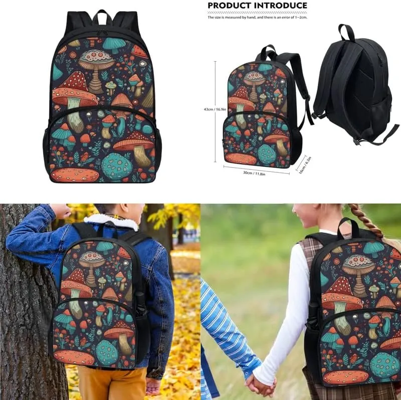 Aesthetics Mushroom Schoolbag 3 Piece Set Schoolbag/Hand Drawn Mushroom Crossbody Reusable Lunch Bag/Cute Plant Multi Slot Pencil Bag Students Packs Satchel Kids