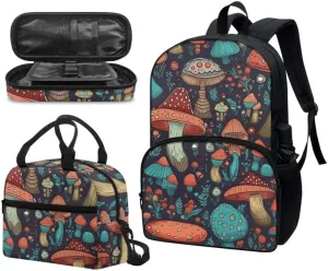 Aesthetics Mushroom Schoolbag 3 Piece Set Schoolbag/Hand Drawn Mushroom Crossbody Reusable Lunch Bag/Cute Plant Multi Slot Pencil Bag Students Packs Satchel Kids