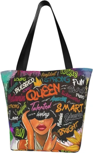 African American Woman Tote Bag Black Girl Shoulder Bag Afro Handbag Beach Bag for Adults Students Office Travel
