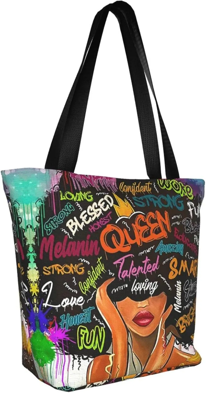 African American Woman Tote Bag Black Girl Shoulder Bag Afro Handbag Beach Bag for Adults Students Office Travel