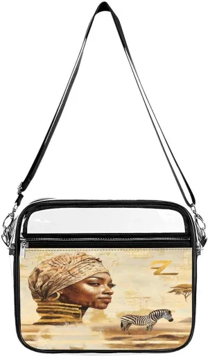 African Woman Zebras Clear Crossbody Bags Shoulder Bag Messenger Purse for Stadium Concerts Sports Events
