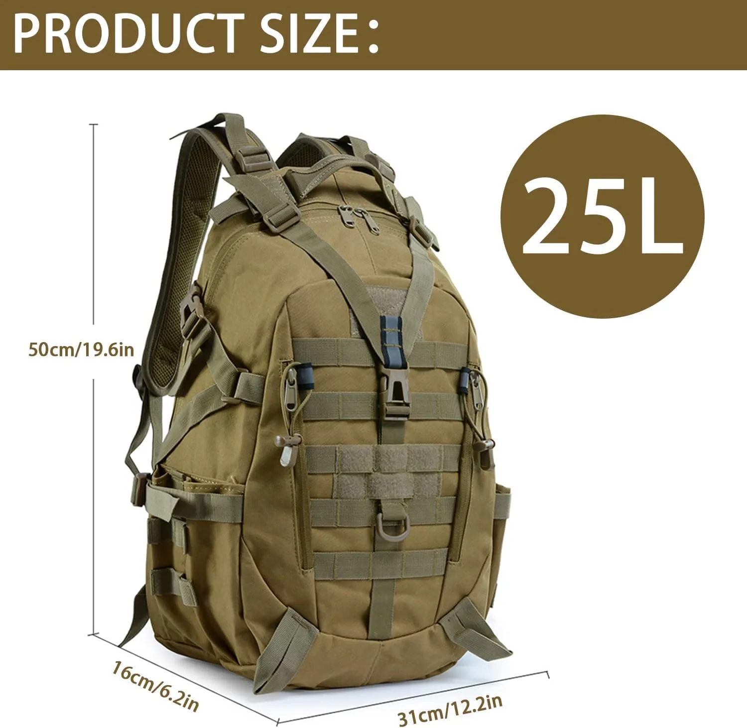 aiGear Tactical Backpack for Men, 25L Military Backpack, 3-Day Bug Out Bag for Camping Hiking Hunting with Molle System Army Daypack (25L Khaki)