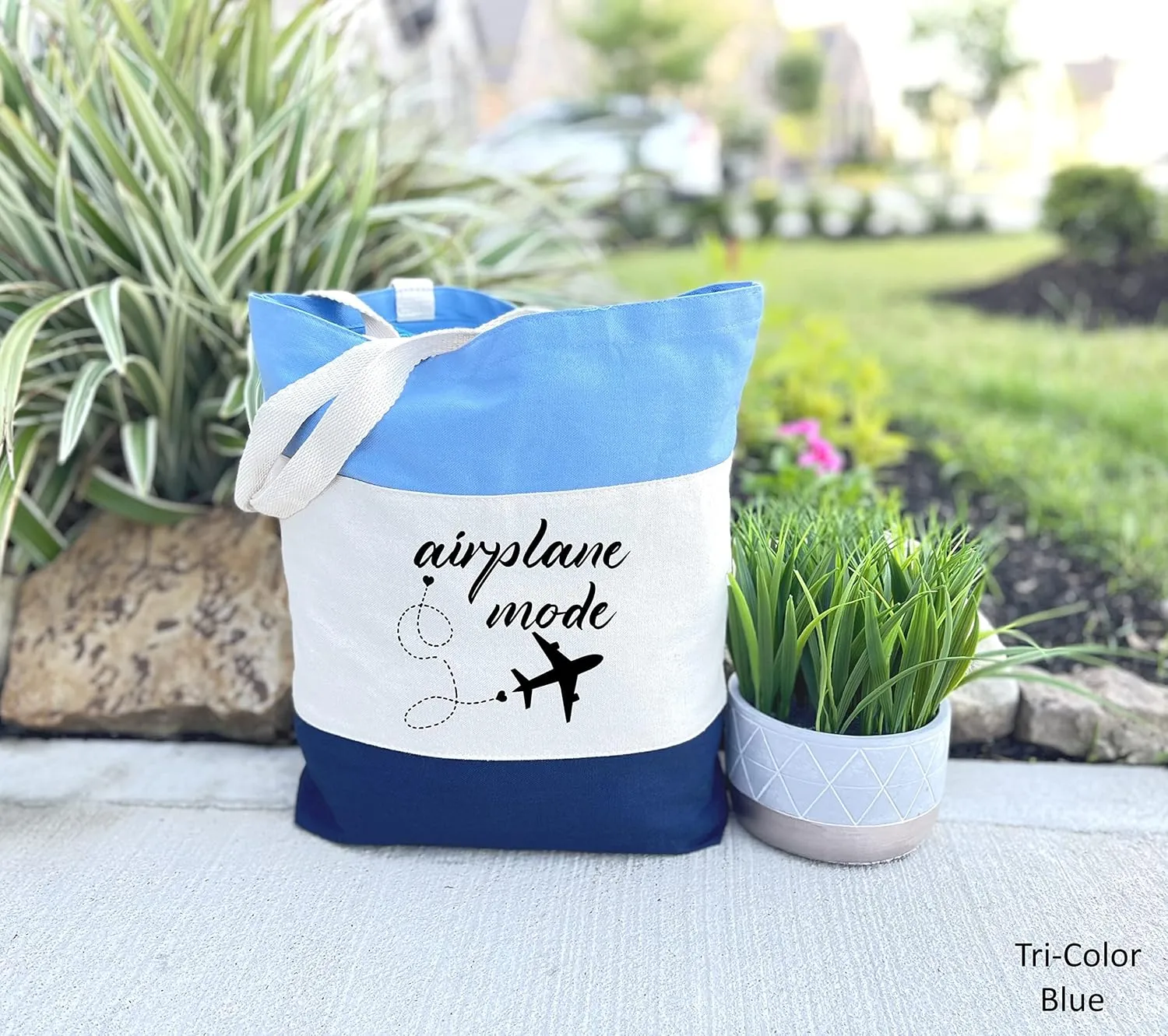 Airplane Mode Tote Bag, Airplane Tote Bag, Airplane Bag, Travel Bag, Adventurer Gift, Gift for Traveler, Vacation Bag, Gift For Her (15"L x 15"H x 3"D, Tri-Color Blue)