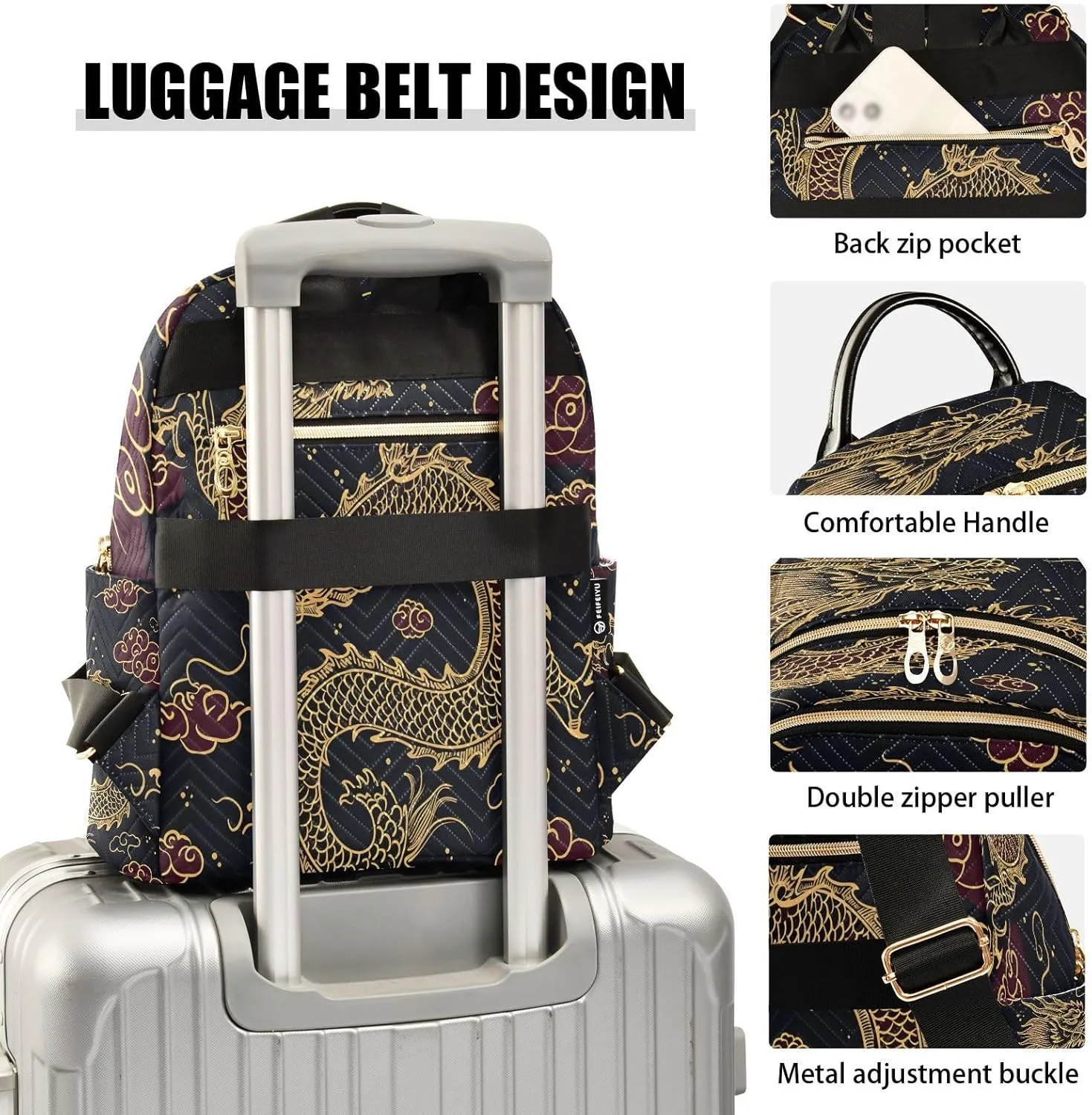 ALAZA Cute Chinese Dragon Cloud Black Women Backpack Purse Ladies Fashion Shoulder Bag Daypack Travel Bag 7.5L
