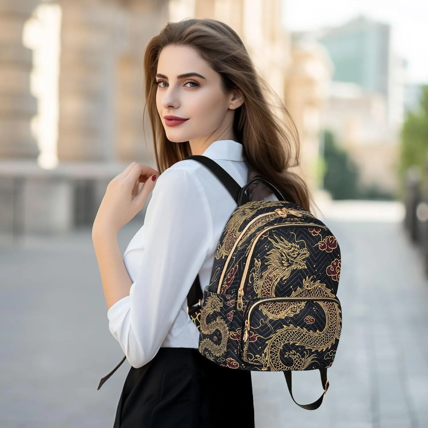 ALAZA Cute Chinese Dragon Cloud Black Women Backpack Purse Ladies Fashion Shoulder Bag Daypack Travel Bag 7.5L