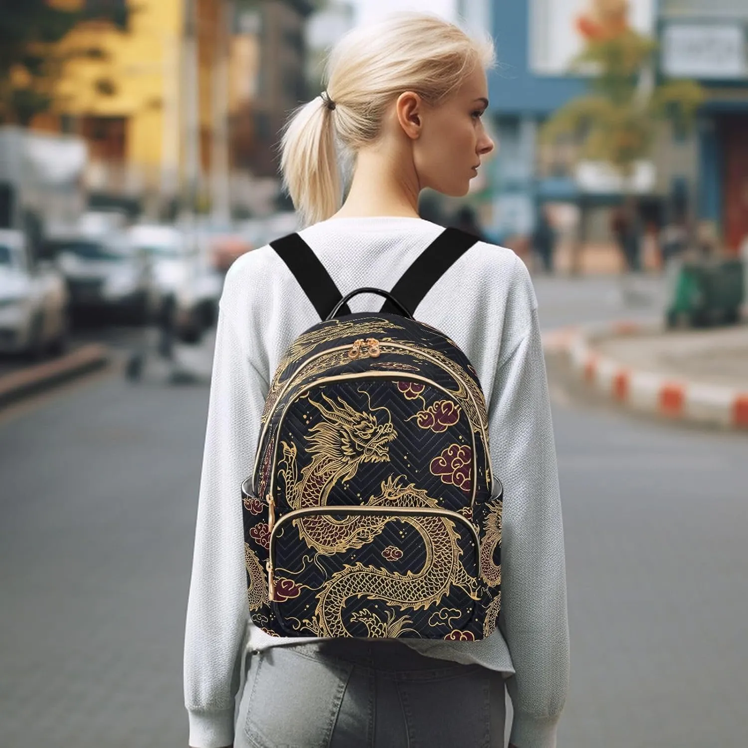 ALAZA Cute Chinese Dragon Cloud Black Women Backpack Purse Ladies Fashion Shoulder Bag Daypack Travel Bag 7.5L