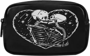 ALAZA Skull Skeleton Love Heart Black Cosmetic Bag Leather Pencil Case Waterproof Portable Travel Makeup Pouch with Zipper for Women