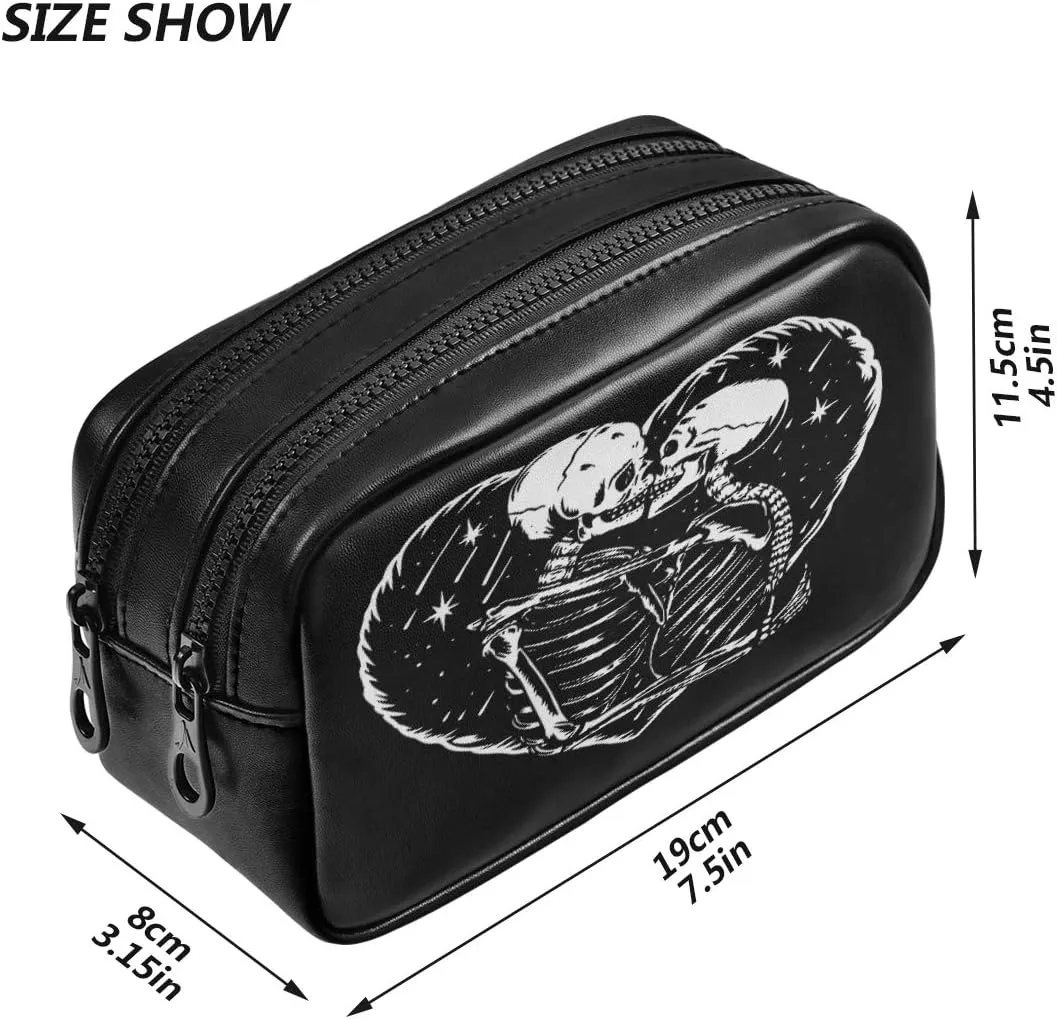 ALAZA Skull Skeleton Love Heart Black Cosmetic Bag Leather Pencil Case Waterproof Portable Travel Makeup Pouch with Zipper for Women