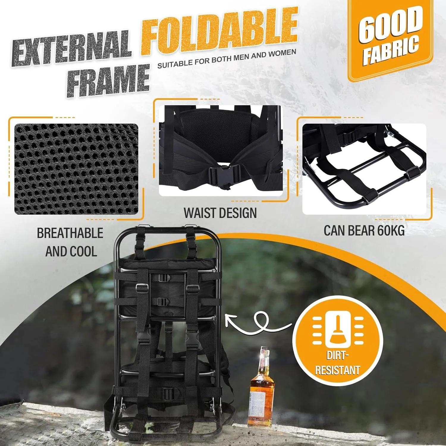 Alice Pack Frame, 132LBS External Frame Backpack Hiking Backpack Frame Hunting Pack Frame Hunting Backpack Frame, Backpack Accessories for Travel Mountaineering (Black)