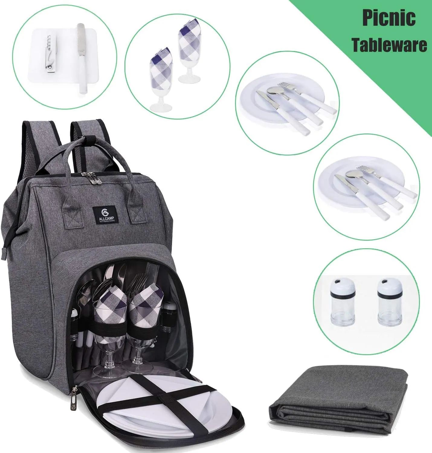 ALLCAMP OUTDOOR GEAR Picnic Backpack for 2 Person W/ Fleece Blanket, Plates and Cutlery Set