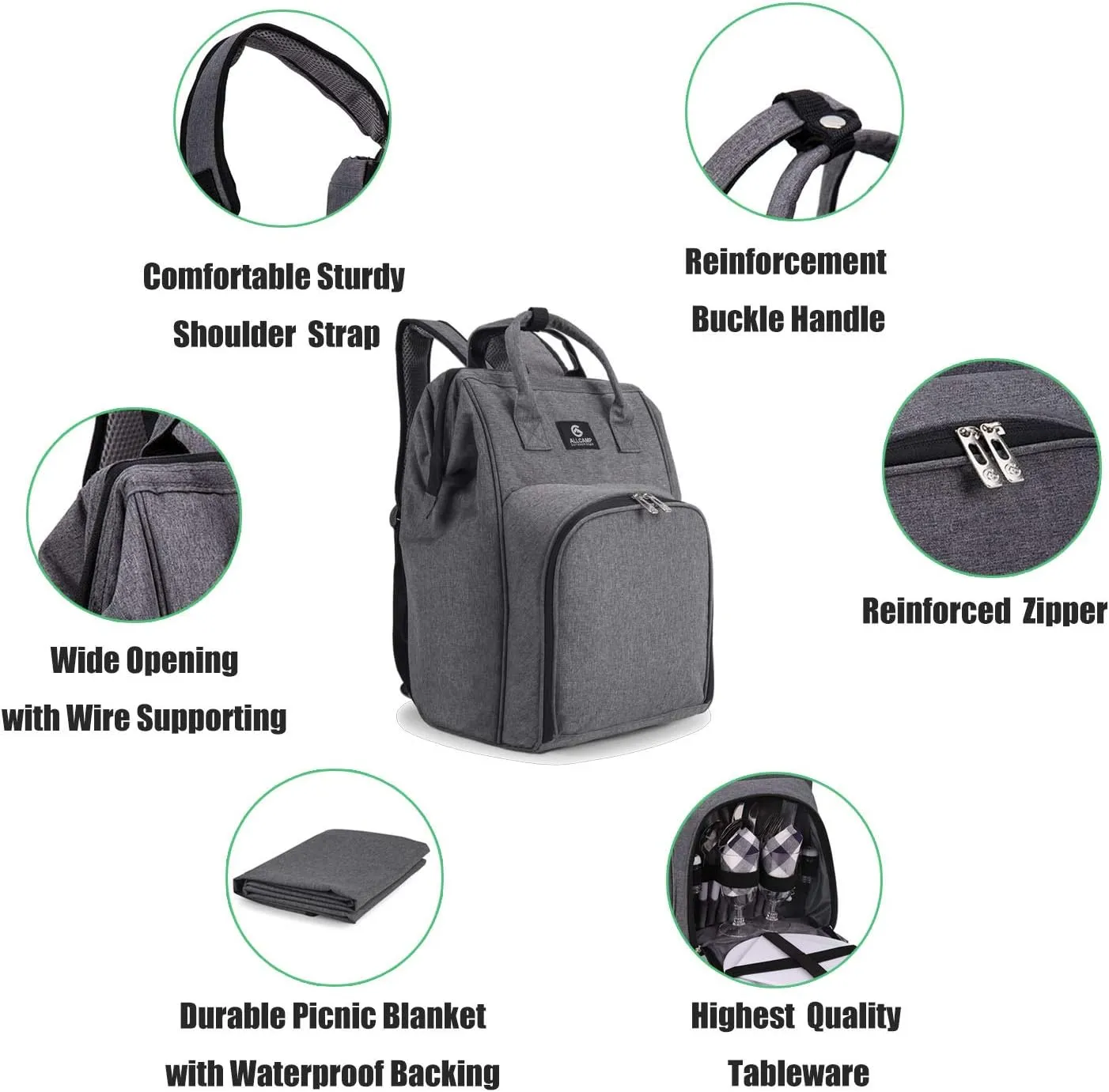 ALLCAMP OUTDOOR GEAR Picnic Backpack for 2 Person W/ Fleece Blanket, Plates and Cutlery Set