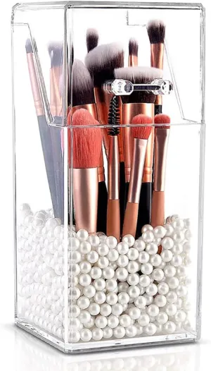 Alnicov Makeup Brush Holder with lid,Dustproof Cosmetic Brush Organiser Storage BoxBrush Organizer with Lid,Dustproof Makeup Brush Containers with White Pearls
