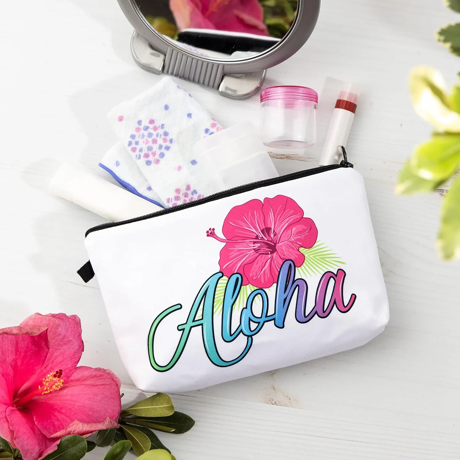 Aloha Designs ALOHA Cosmetic Bag for Women Roomy Makeup Bag Travel Splash-proof Toiletry Bag Accessories Organizer and Womans Pouch. Aloha Water-resistant Beach Bag Pouch. Plus 1 Aloha Decal Sticker