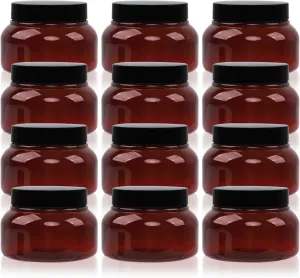 Amber Plastic Jars with Lids, 12 Pack Brown Body Scrub Jars Empty Refillable Containers Round Low Profile Samples Jars for Lotion, Body Butter, Sugar Scrub, Cream (8.5 OZ)