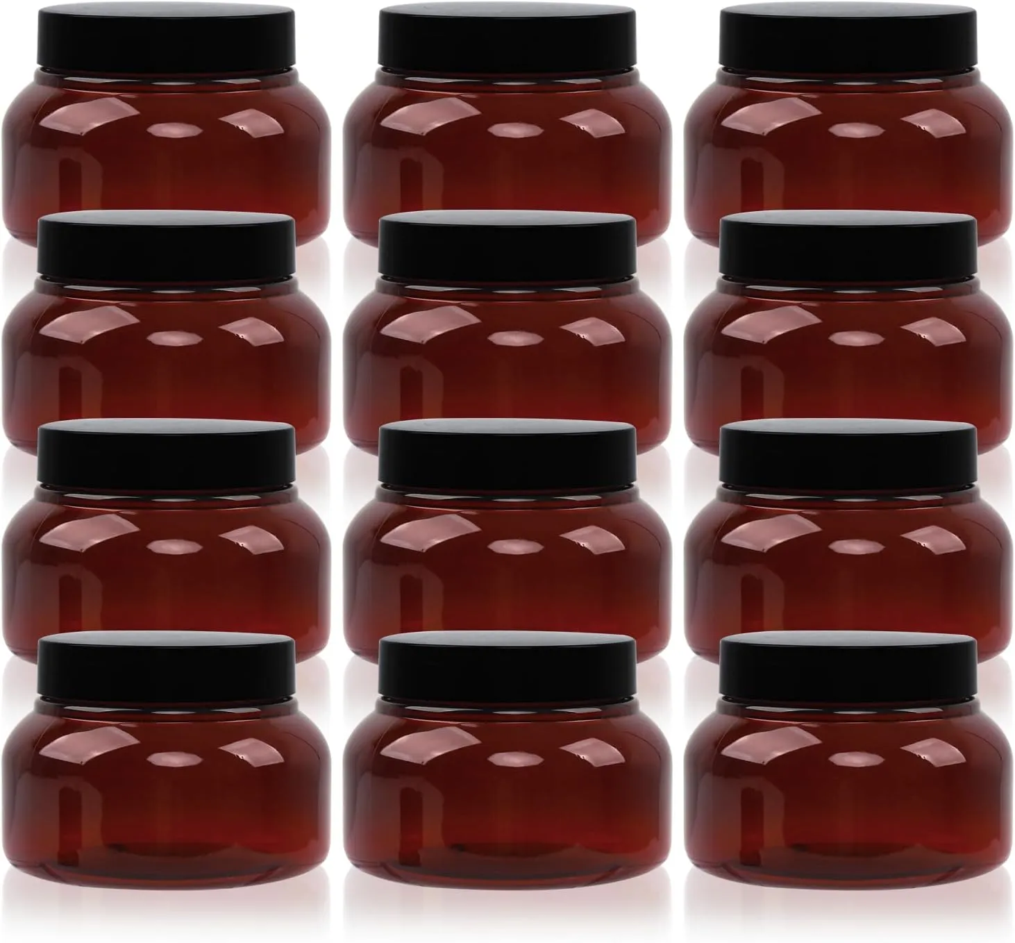 Amber Plastic Jars with Lids, 12 Pack Brown Body Scrub Jars Empty Refillable Containers Round Low Profile Samples Jars for Lotion, Body Butter, Sugar Scrub, Cream (8.5 OZ)