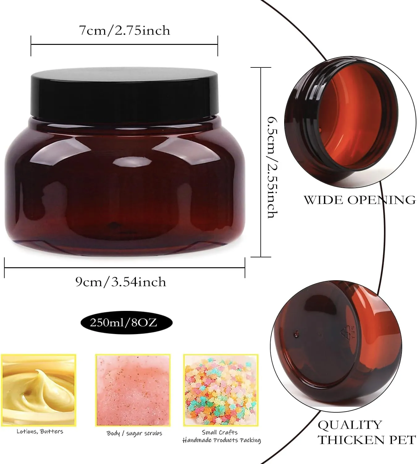 Amber Plastic Jars with Lids, 12 Pack Brown Body Scrub Jars Empty Refillable Containers Round Low Profile Samples Jars for Lotion, Body Butter, Sugar Scrub, Cream (8.5 OZ)