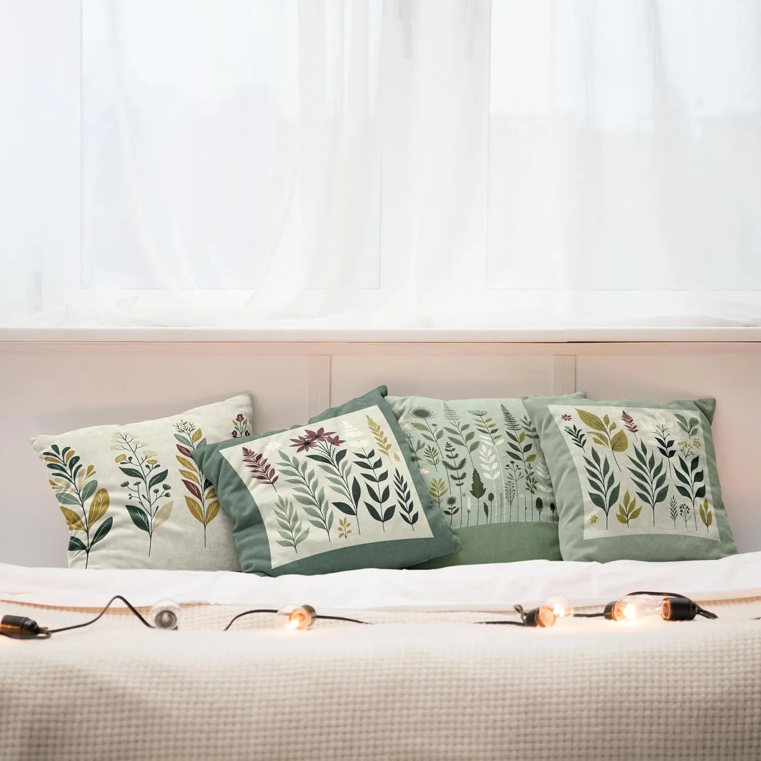 Ambesonne Botanical Throw Pillow Cushion Cover Set of 4, Pleasant Nature Romantic Calm Blossoms Leafy Branches Flourishing, Decorative Accent Double-Sided Printing, 24", Peacock Green Fawn Maroon