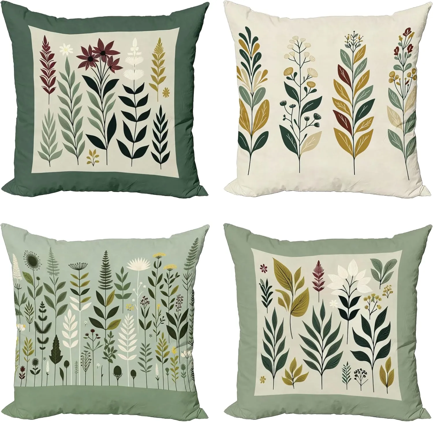 Ambesonne Botanical Throw Pillow Cushion Cover Set of 4, Pleasant Nature Romantic Calm Blossoms Leafy Branches Flourishing, Decorative Accent Double-Sided Printing, 24", Peacock Green Fawn Maroon