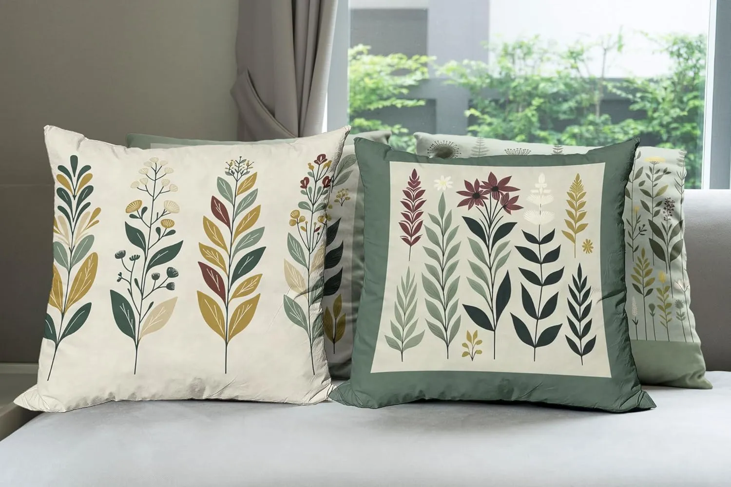 Ambesonne Botanical Throw Pillow Cushion Cover Set of 4, Pleasant Nature Romantic Calm Blossoms Leafy Branches Flourishing, Decorative Accent Double-Sided Printing, 24", Peacock Green Fawn Maroon
