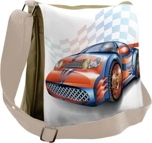 Ambesonne Cars Messenger Bag, Cartoon Style Race Car, Unisex Cross-body
