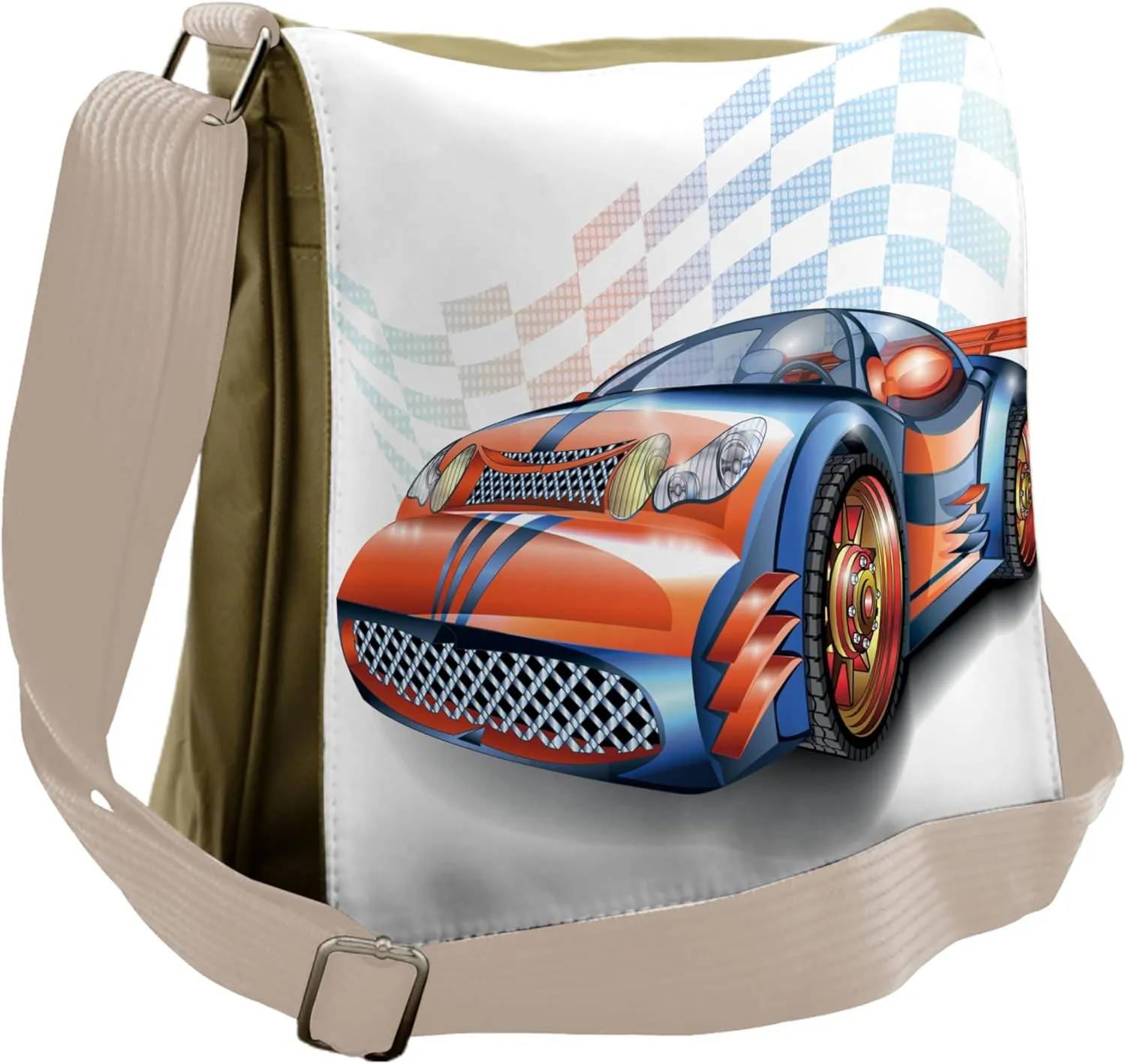 Ambesonne Cars Messenger Bag, Cartoon Style Race Car, Unisex Cross-body