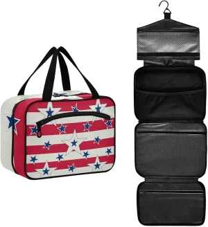 American Patriotic Blue Stars Red Stripes Independence Memorial Women's Portable Makeup Bag with Handle Cosmetic Bag, Twill Cloth Travel Cosmetic Bag, Polyester Toiletry Bag for Women L Size