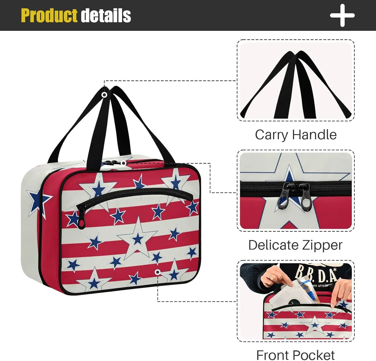 American Patriotic Blue Stars Red Stripes Independence Memorial Women's Portable Makeup Bag with Handle Cosmetic Bag, Twill Cloth Travel Cosmetic Bag, Polyester Toiletry Bag for Women L Size