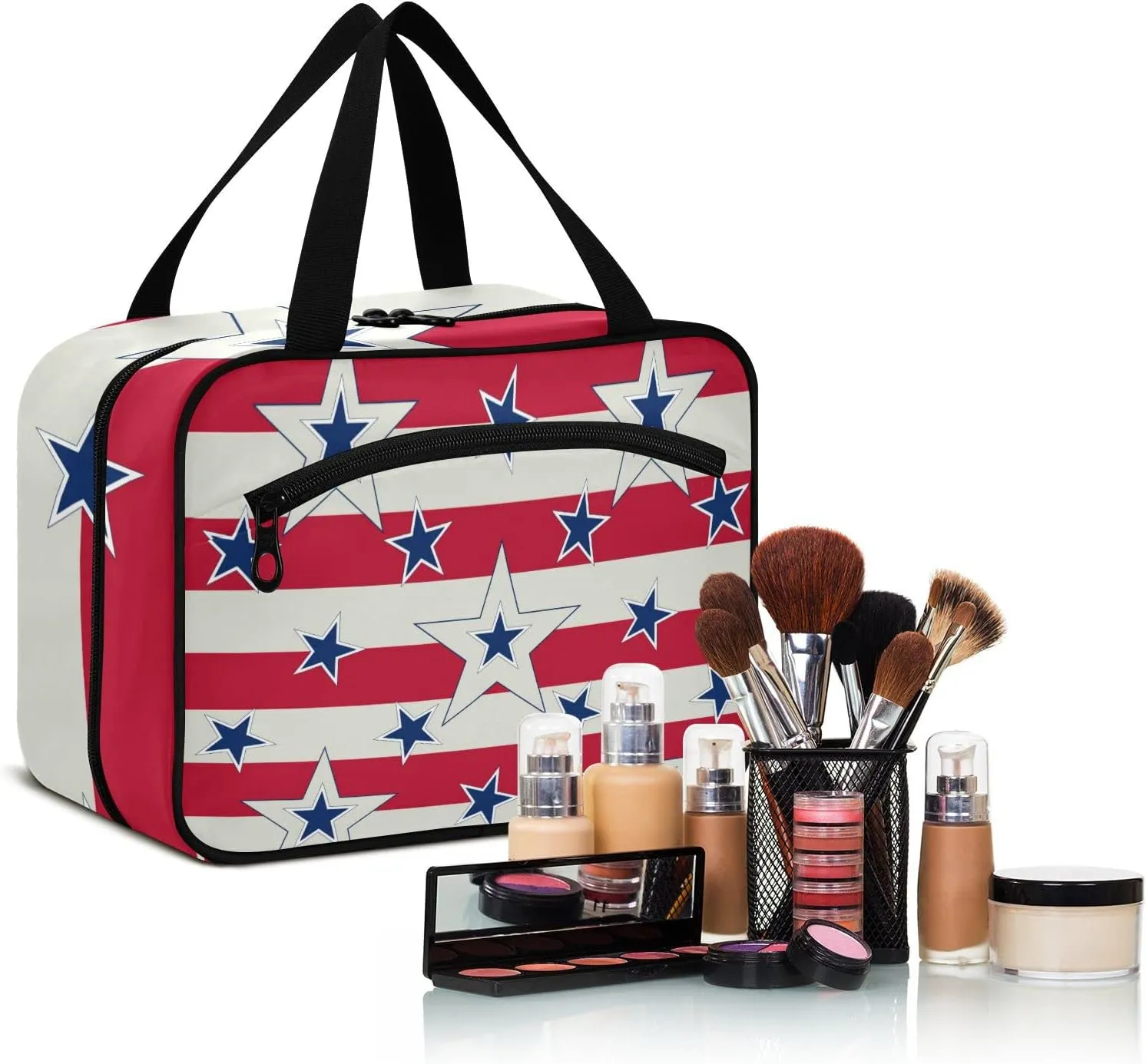 American Patriotic Blue Stars Red Stripes Independence Memorial Women's Portable Makeup Bag with Handle Cosmetic Bag, Twill Cloth Travel Cosmetic Bag, Polyester Toiletry Bag for Women L Size
