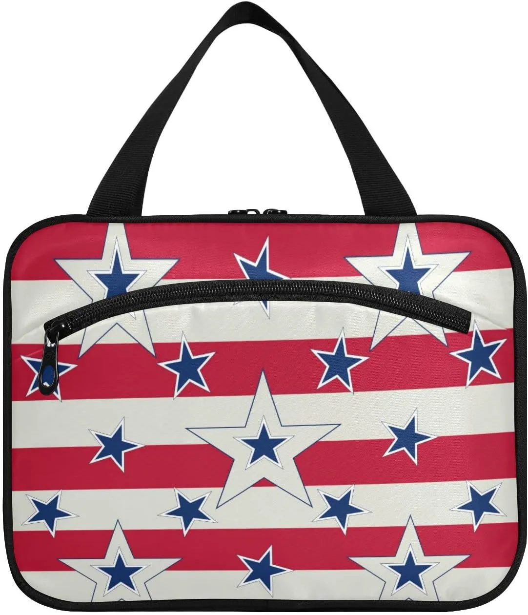 American Patriotic Blue Stars Red Stripes Independence Memorial Women's Portable Makeup Bag with Handle Cosmetic Bag, Twill Cloth Travel Cosmetic Bag, Polyester Toiletry Bag for Women L Size