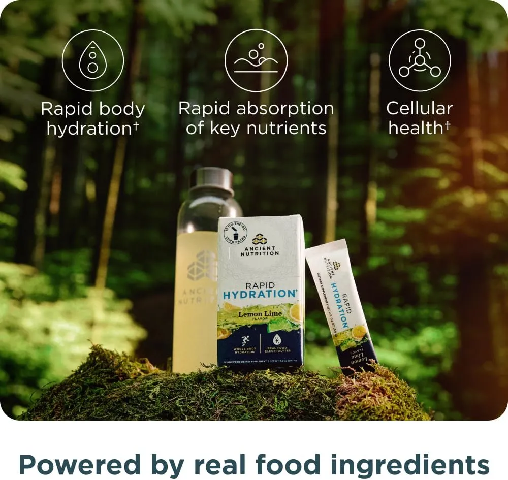 Ancient Nutrition Rapid Hydration Powder, Lemon Lime, Electrolytes from Natural Sea Salts and Red Marine Algae, Supports Rapid Body Hydration and Cellular Health, 15 Servings