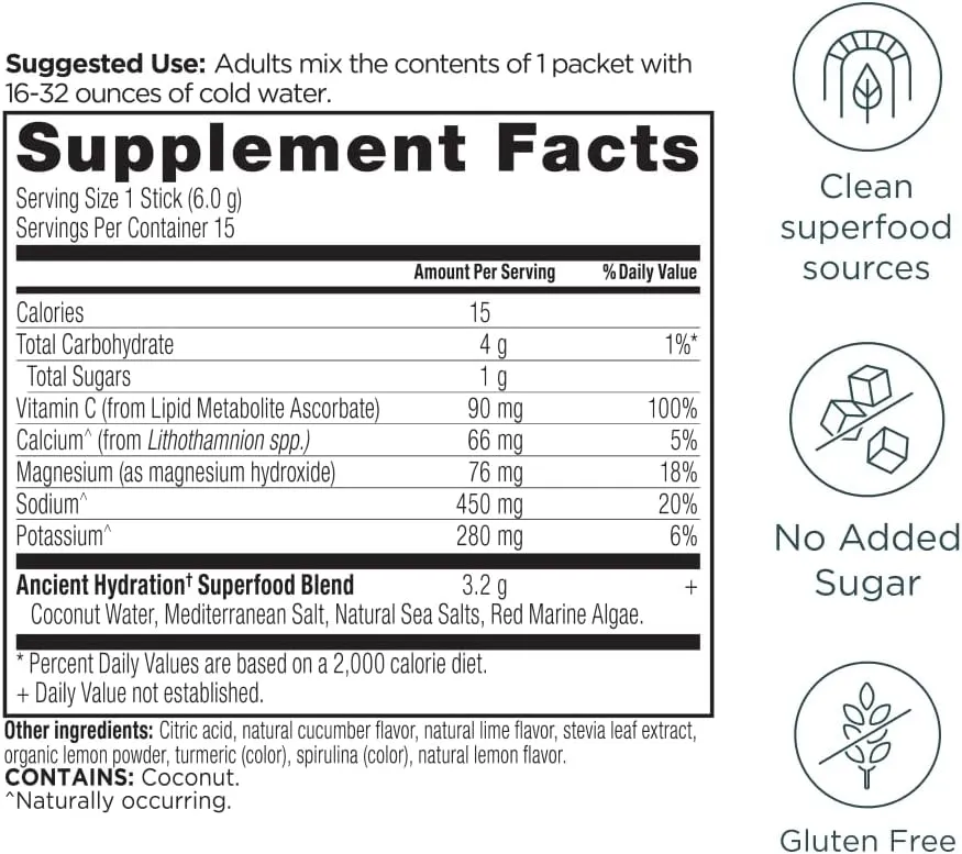Ancient Nutrition Rapid Hydration Powder, Lemon Lime, Electrolytes from Natural Sea Salts and Red Marine Algae, Supports Rapid Body Hydration and Cellular Health, 15 Servings