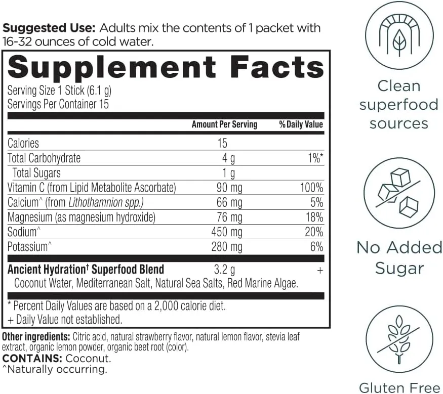 Ancient Nutrition Rapid Hydration Powder, Strawberry Lemonade, Electrolytes from Natural Sea Salts and Red Marine Algae, Supports Rapid Body Hydration and Cellular Health, 15 Servings