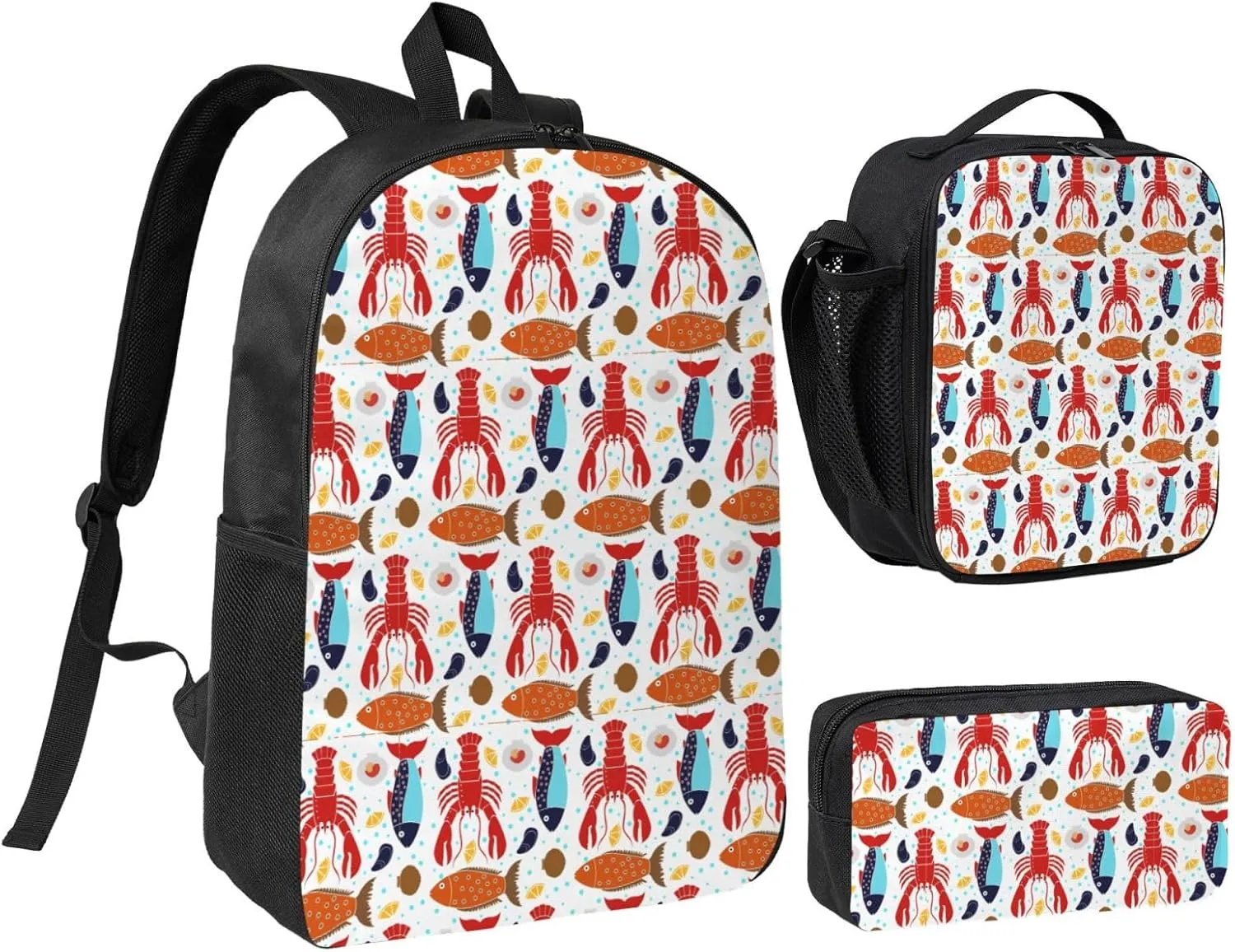 Animal Red Lobster and Lovely Fish Print Backpack Set Lightweight Laptop Backpack Lunch Bag with Pencil Case for Women Men Travel Work