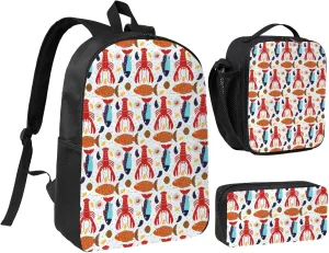 Animal Red Lobster and Lovely Fish Print Backpack Set Lightweight Laptop Backpack Lunch Bag with Pencil Case for Women Men Travel Work