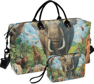 Animals African Elephant Duffel Bags for Traveling Cosmetic Pouch Set of 2, Animal Womens Luggage Set Carry on Bags