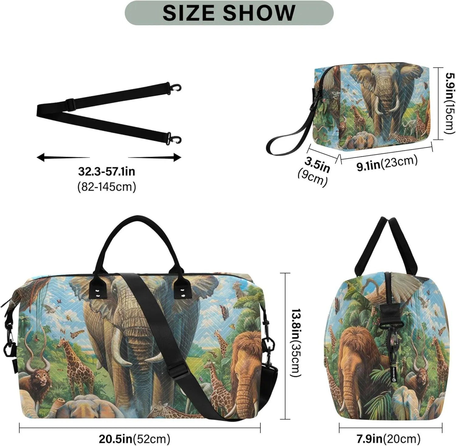Animals African Elephant Duffel Bags for Traveling Cosmetic Pouch Set of 2, Animal Womens Luggage Set Carry on Bags