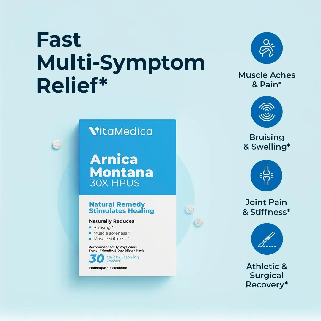 Arnica Montana 30X HPUS, Clinical Grade, Quick Dissolve Tablets, Five-Day Recovery Pack for Pain and Bruise Relief After Surgery or Injury, Natural Healing, Gentle on the Stomach - 30 Count